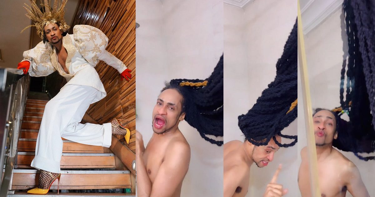 Media personality, Denrele Edun shares video of how he takes his bath with his floor-length braids