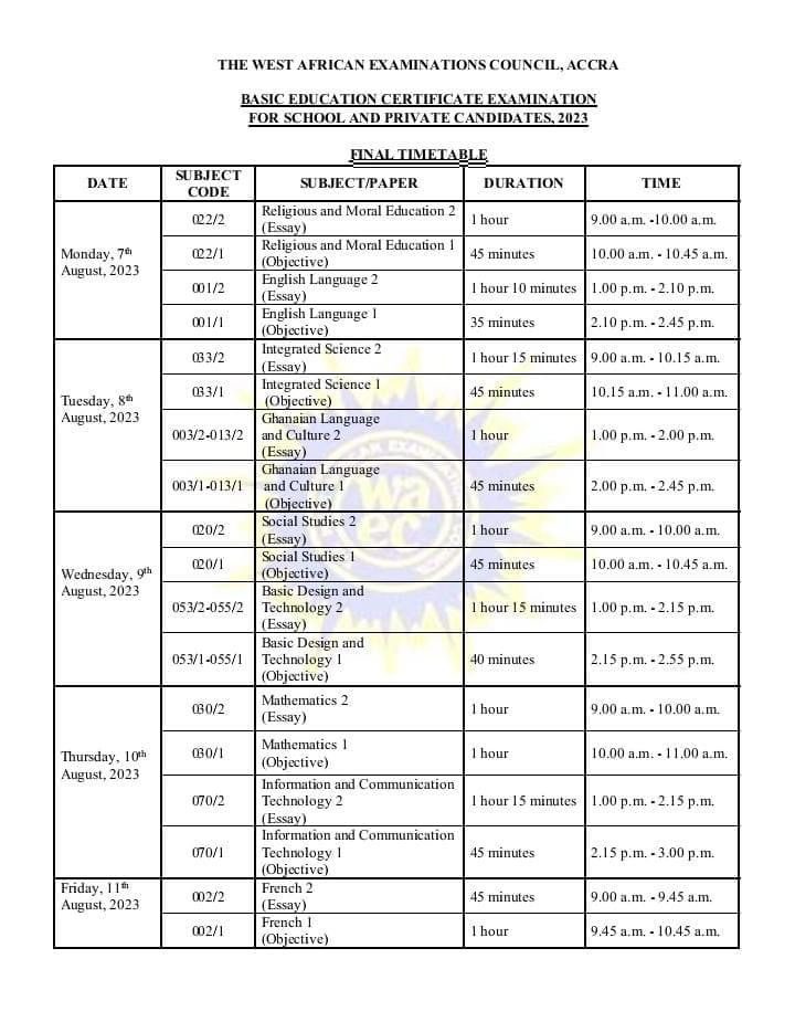 2023 BECE Timetable