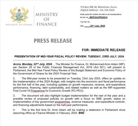 Mid-year budget to be presented today — Finance Ministry